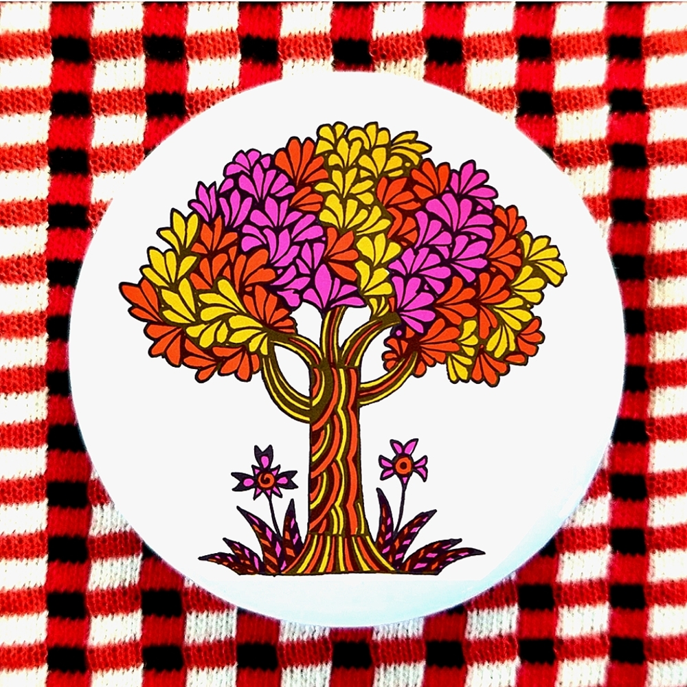 2.25 inch mid century tree button badge pin